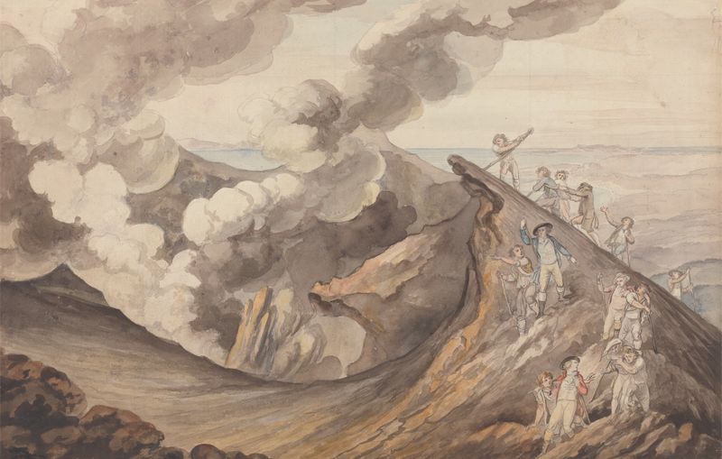 La Ascensión del Vesubio, óleo sobre lienzo de Henry Tresham, que muestra un paisaje exuberante con montañas.