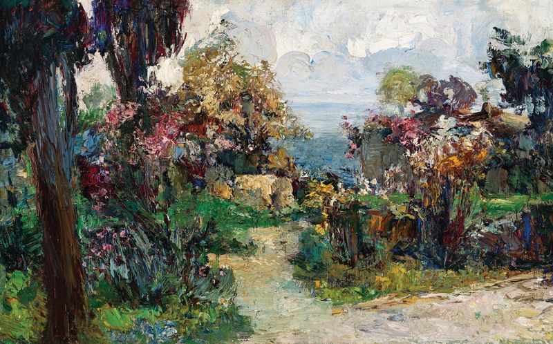 A Southern Landscape with Sea View by Leontine von Littrow, oil on canvas depicting a tranquil coastline and clouds.