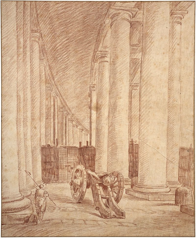 Papal guard and cannon under the colonnade of Saint Peter in Rome, óleo sobre tela de Hubert Robert