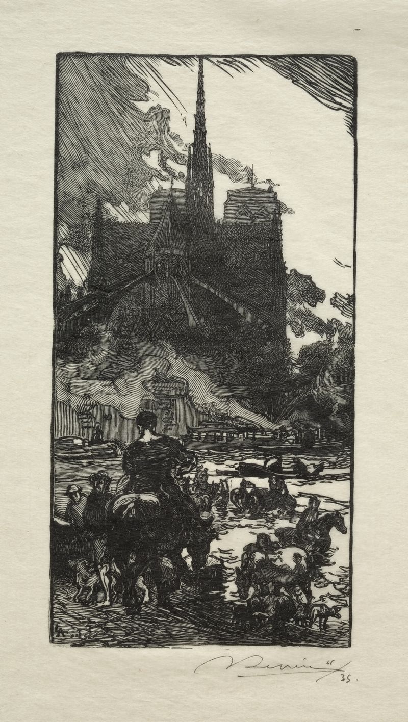 L’Abreuvoir au Point St. Louis gravura de Auguste Louis Lepère mostrando uma paisagem tranquila com água e reflexos