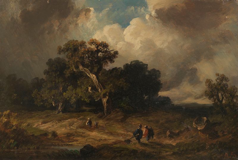 Hunters in a stormy landscape, oil on canvas by August Seidel