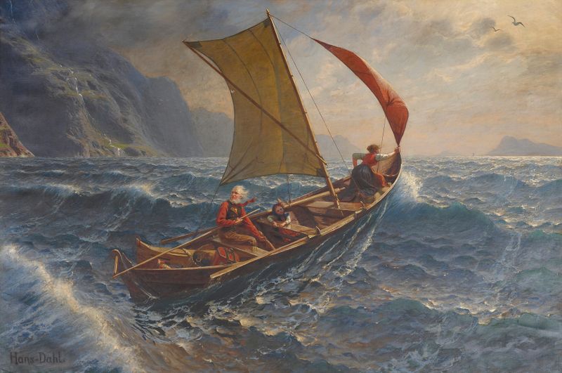 Escena marina de Hans Dahl, pintura al óleo que muestra aguas tranquilas y un horizonte suave.