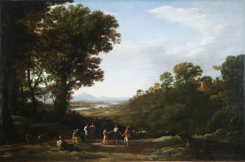 Villagers Dancing, óleo sobre lienzo de Claude Lorrain, mostrando aldeanos bailando con alegría al atardecer