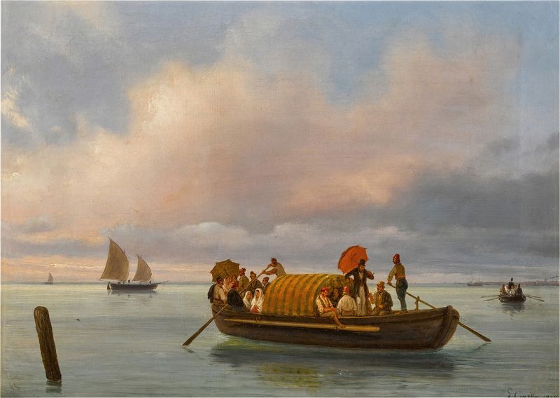 A Venetian lagoon scene with a gondola, oil on canvas by Giuseppe Canella