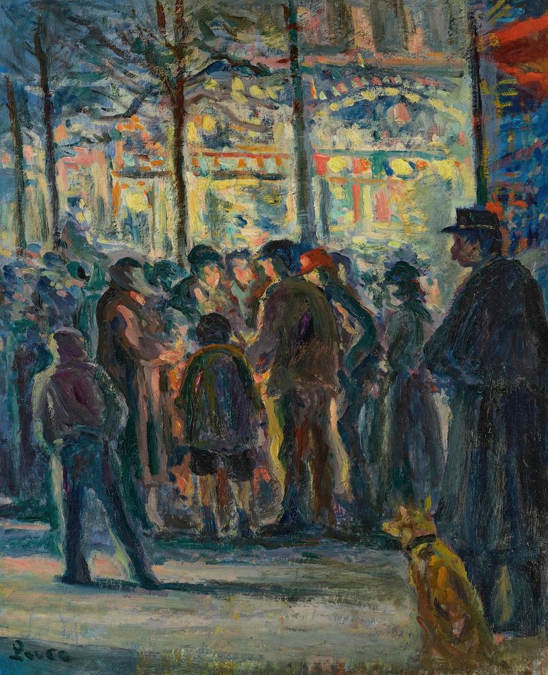 Winter street scene with figures in snow, oil on canvas by Maximilien Luce