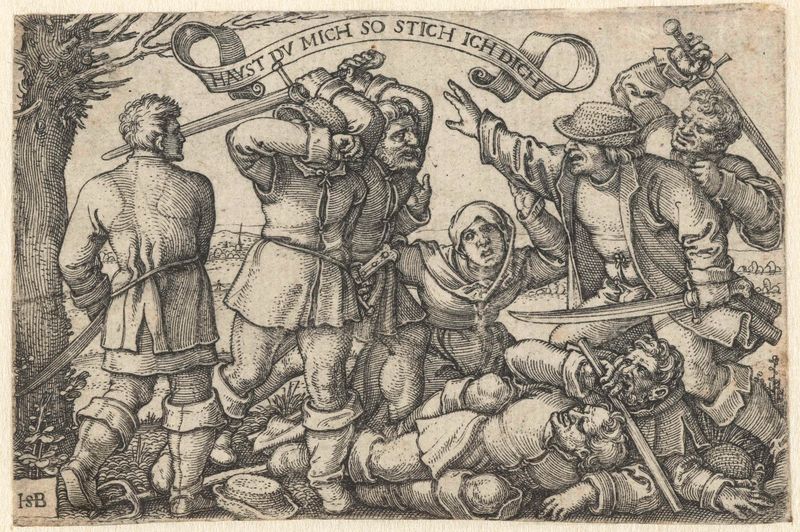 Grabado de Hans Sebald Beham que muestra a campesinos luchando con espadas.