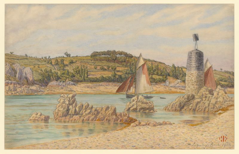 Escena marina con un faro al atardecer, pintura al óleo de Henri Rivière