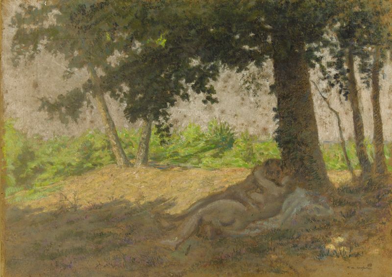 Figurative oil painting by Ker-Xavier Roussel depicting a couple reclining in a lush landscape.