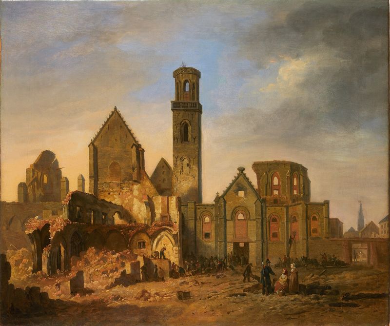 Historical landscape of St. Michielsabdij ruins after the fire, oil painting by Philippe Jacques Van Brée