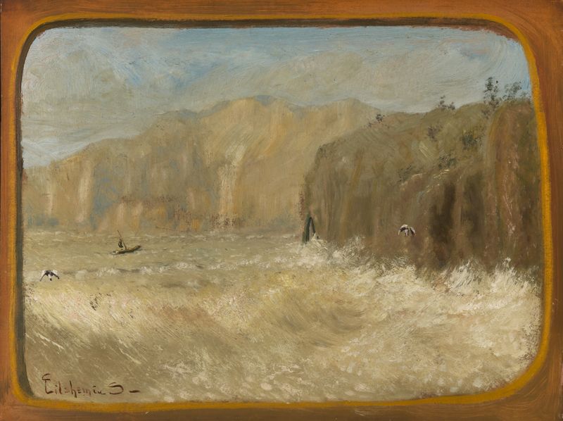 Dos Gaviotas y Acantilados, óleo sobre lienzo de Louis Michel Eilshemius mostrando gaviotas sobre acantilados.