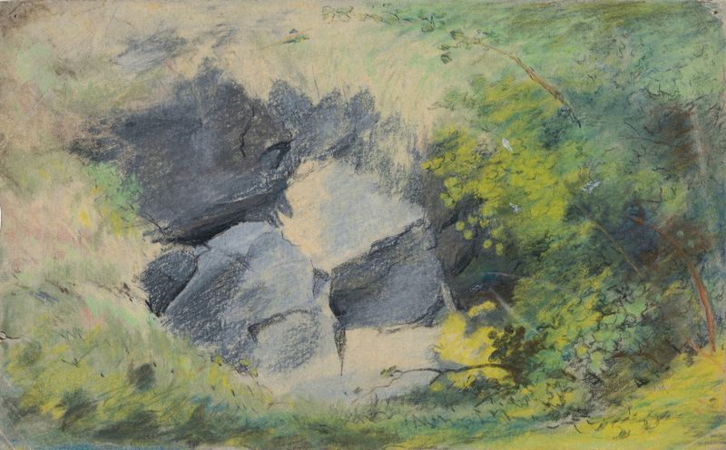 Rocks and Foliage de William Howis, Jr., óleo sobre tela representando uma paisagem serena
