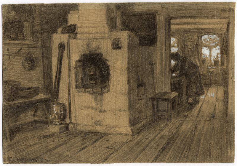 Interior scene with warm light from a hut by Boris Vasilievich Smirnov