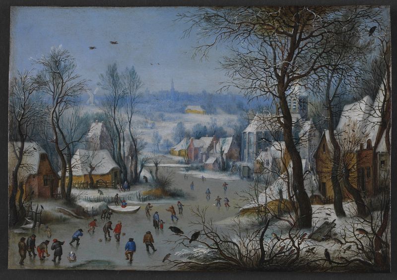 Winter Scenery by Pieter Bruegel the Elder, oil painting depicting a snowy landscape with figures engaged in activities.