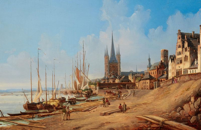 Paisagem de Köln com Groß St. Martin, óleo sobre tela de Carl Emanuel Conrad
