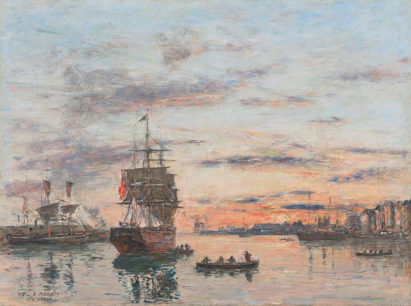 Le Havre. L’avant-port, óleo sobre tela de Eugène Boudin, retratando um porto tranquilo com reflexos.