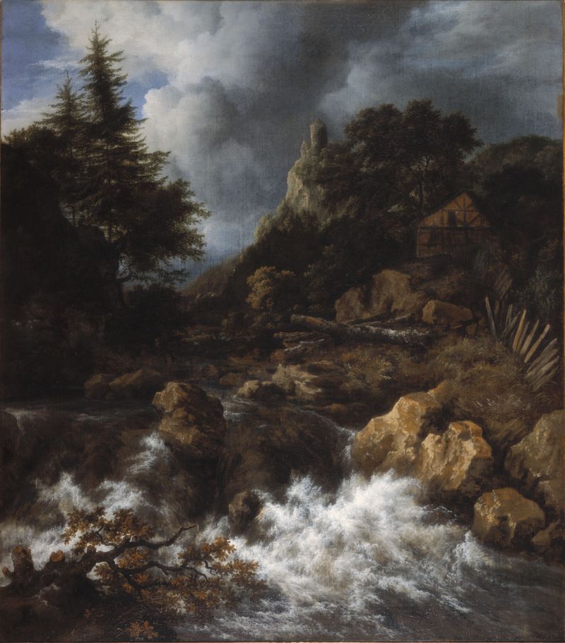 Cascada con una casa de entramado de madera y castillo, óleo sobre lienzo de Jacob van Ruisdael