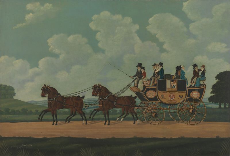 Paisagem com uma carruagem detalhada, pintura a óleo de John Cordrey