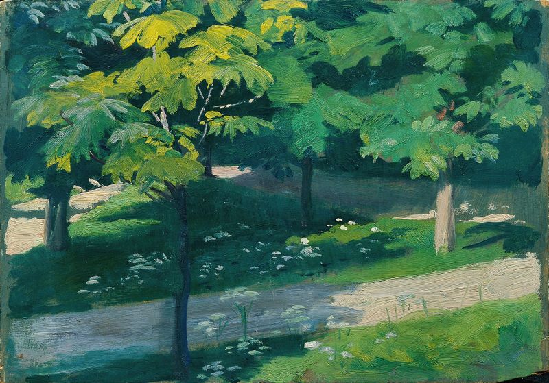 Kastanienallee by Otto Friedrich, oil on canvas depicting chestnut trees and dappled light.