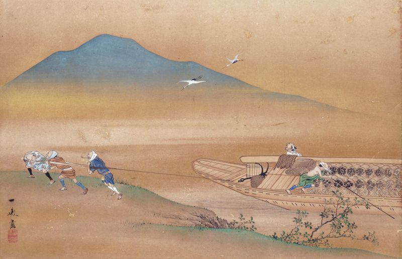Five Figures Pulling a Boat, Ukiyo-e de Oki Ichiga