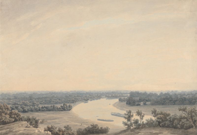 Watercolour by John Robert Cozens depicting the Thames river under a soft sky.