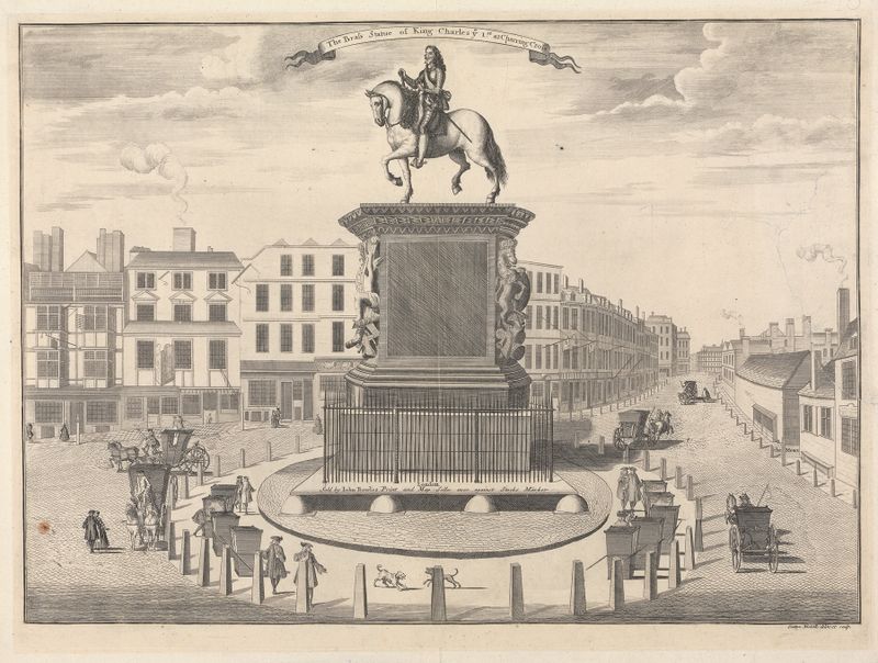 Brass statue of King Charles I at Charing Cross, engraving by Sutton Nicholls