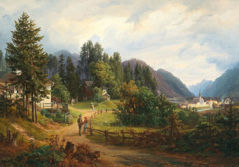 A View Of Bad Ischl, oil on canvas by Anton Schiffer depicting a tranquil landscape with mountains and a river.