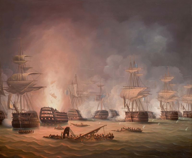 The Battle of the Nile, oil painting by Thomas Buttersworth, depicting ships in a stormy sea.