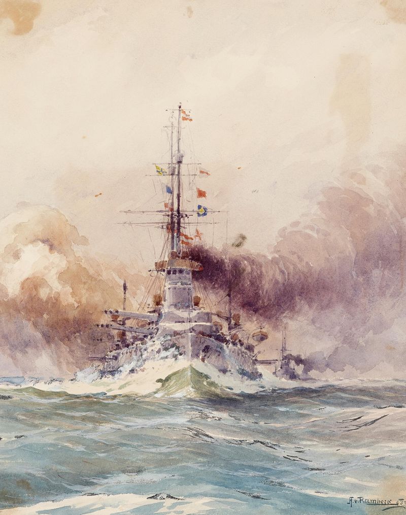 The Imp. Royal Battleship VIRIBUS UNITIS at full speed, August von Ramberg, oil painting