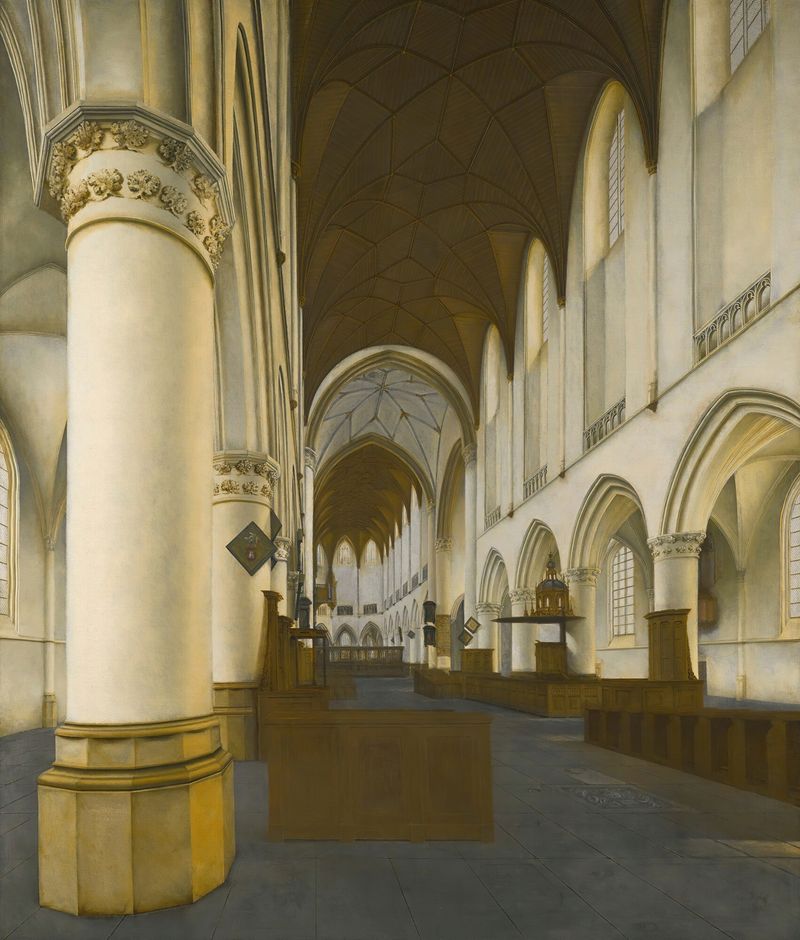 Interior de St Bavo’s, Haarlem de Isaak van Nickelen, óleo que representa un interior de iglesia con luz cálida.