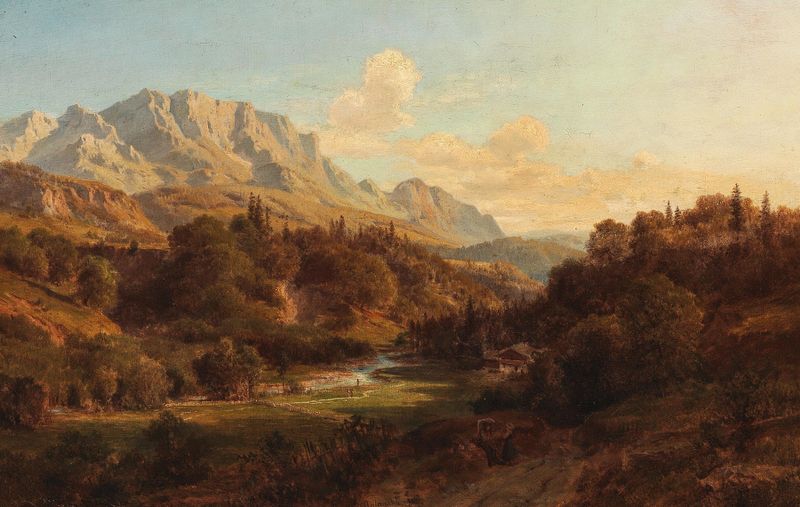 Paisagem com aldeia e montanhas Wild Kaiser, óleo sobre tela de Ludwig Halauska