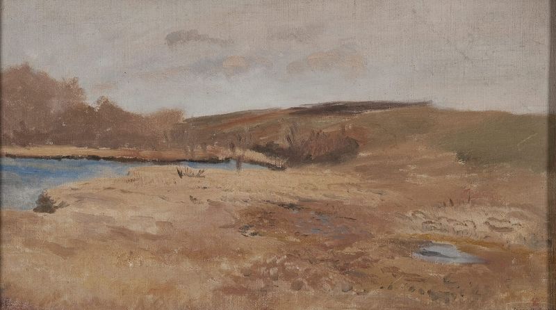 Autumn landscape by Jozef Chelmonski, oil on canvas depicting golden fields and warm hues.