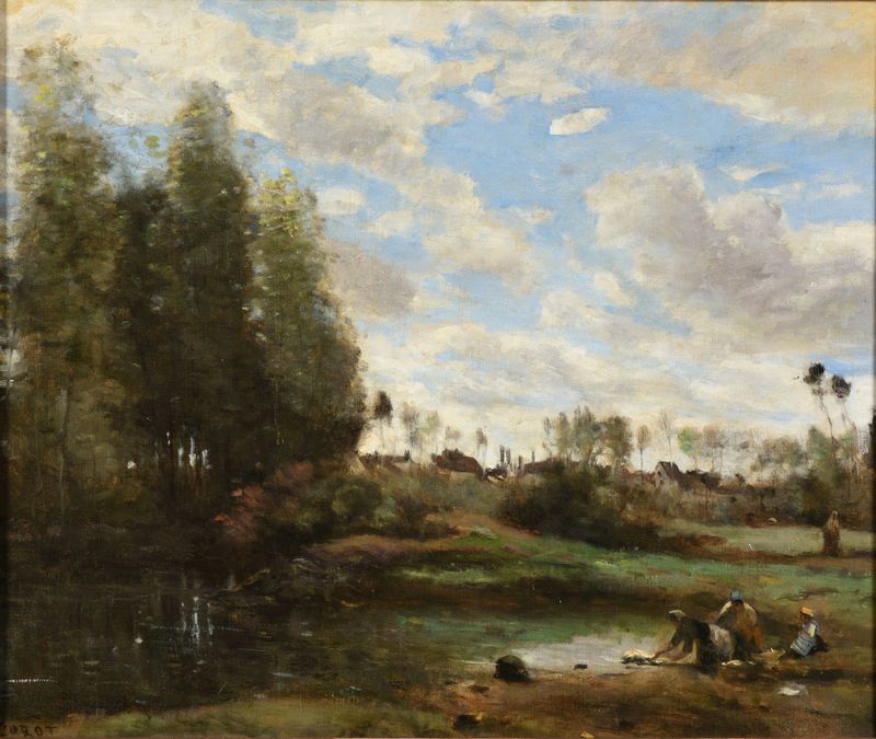 Laveuses au bord de l’eau, pintura a óleo de Jean-Baptiste-Camille Corot mostrando lavadeiras à beira de um rio.
