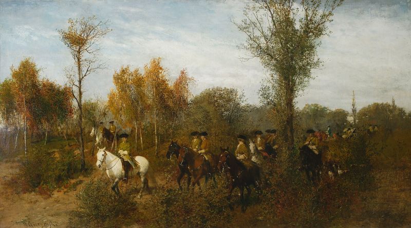 Cavalcade in a Birch Grove by Maksymilian Gierymski, oil on canvas depicting figures on horseback among birch trees.