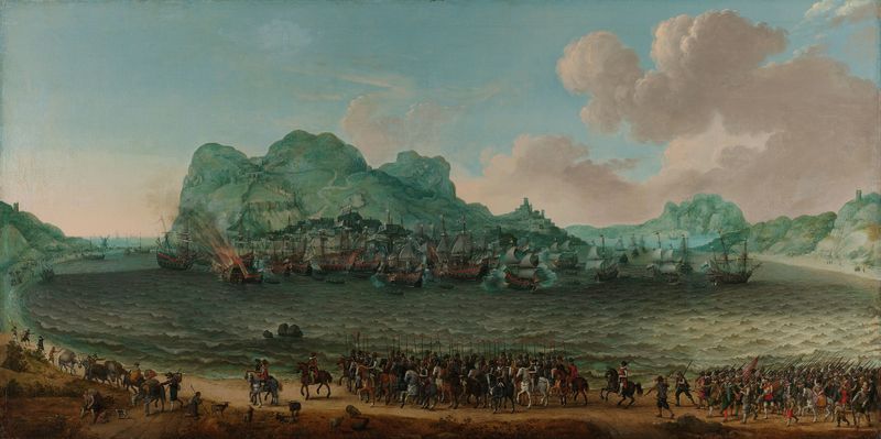 Naval battle scene with Admiral Jacob van Heemskerck, oil painting by Adam Willaerts