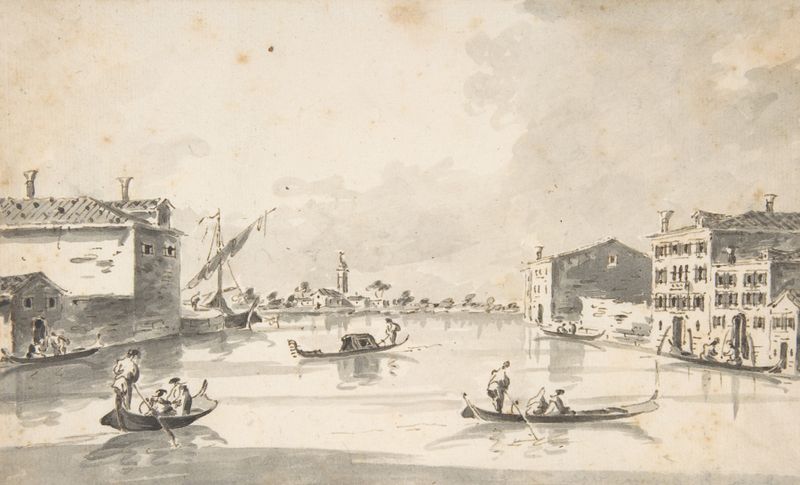 La Isla de Burano de Giacomo Guardi, óleo sobre lienzo, que representa casas coloridas a lo largo de un canal.