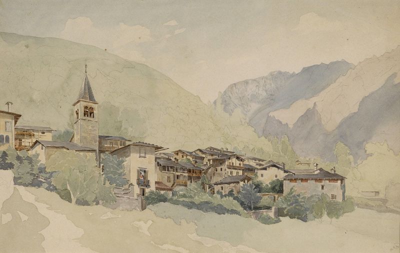 Dorf in einer Gebirgslandschaft de Thomas Ender, óleo sobre tela representando uma aldeia nas montanhas.
