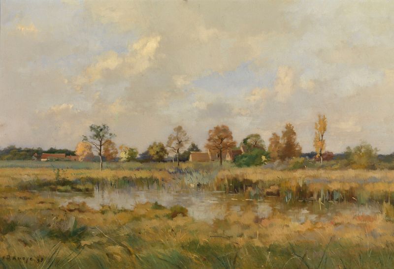 Landscape near Amiens by Pierre Emmanuel Damoye, oil painting depicting fields and a vibrant sky.