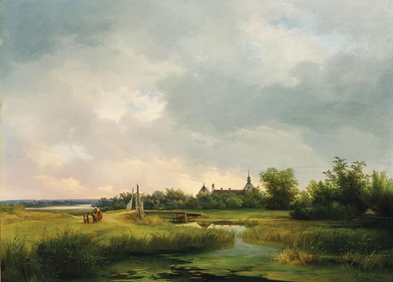 A Vast River Landscape with a Family Returning Home, oil painting by Ignaz Raffalt