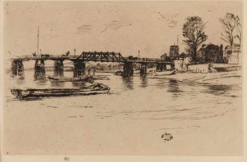 Chelsea de James Abbott McNeill Whistler, pintura a óleo que retrata um rio tranquilo com figuras.