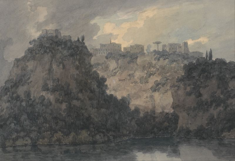 On the Lake of Nemi, oil painting by John Robert Cozens, depicting a serene lake with sky reflection.