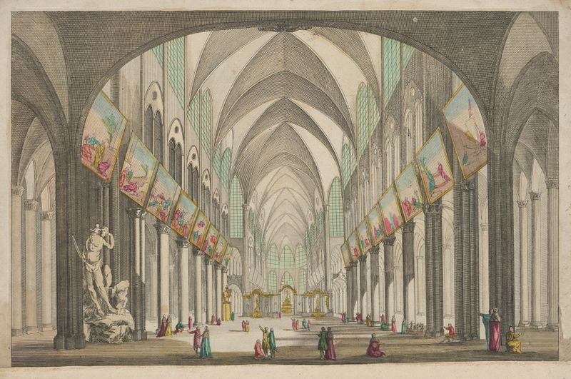 Vista em perspectiva do interior da Catedral de Notre Dame, arquitetura gótica, artista desconhecido