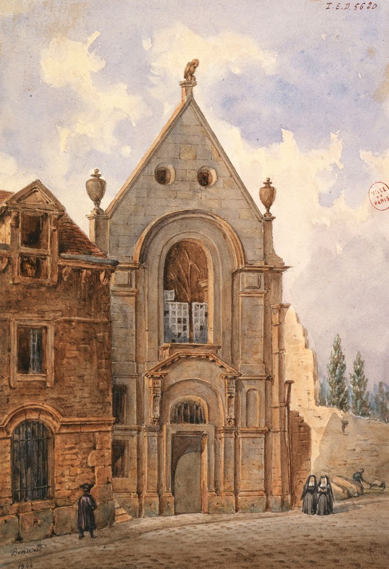 Vue de l’extérieur d’une chapelle de Auguste-Sébastien Bénard, pintura al óleo que muestra una capilla en un paisaje.