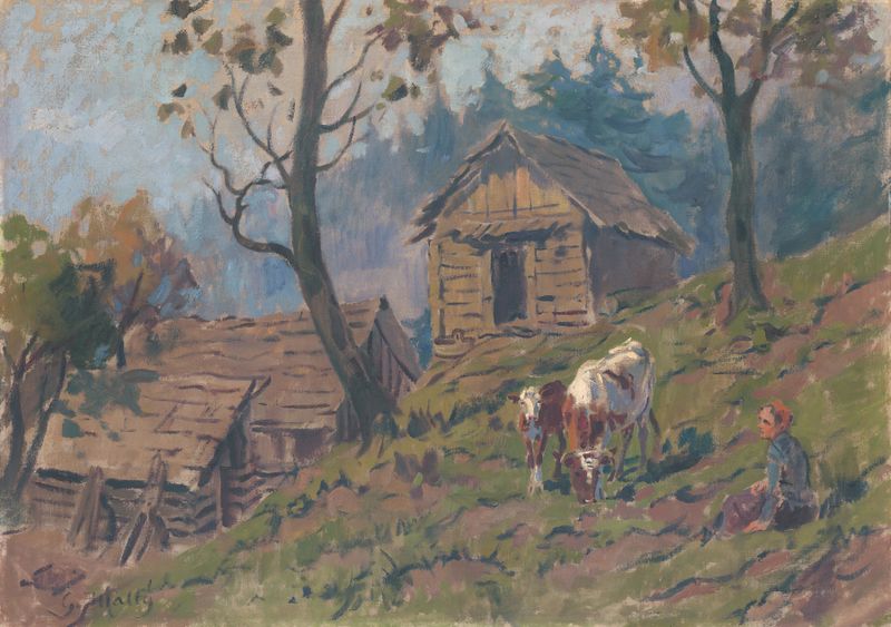 Near the Sheep Farm by Gustáv Mallý, oil on canvas depicting rolling hills and golden light.