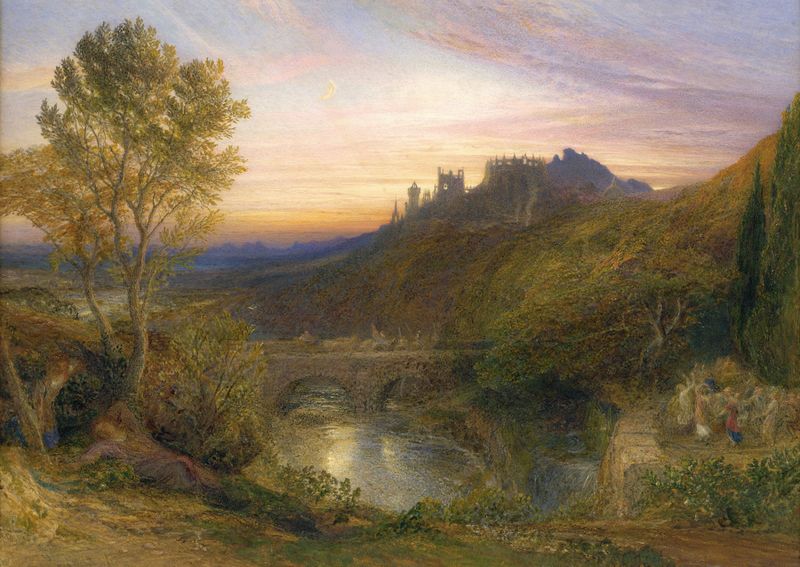 Aquarela de Samuel Palmer retratando uma cidade torre sob nuvens giratórias.