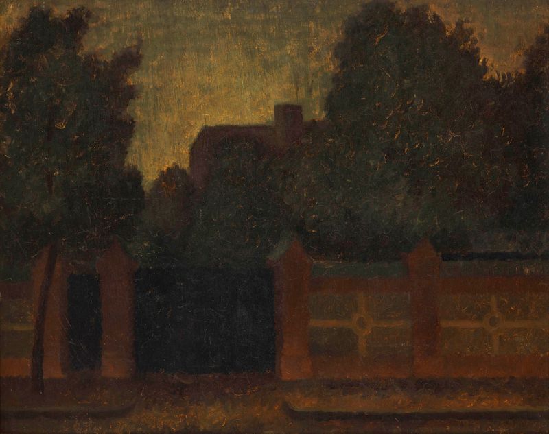 Landscape – Road behind a Fence by Franciszek Bartoszek, oil painting depicting a winding road and fence.