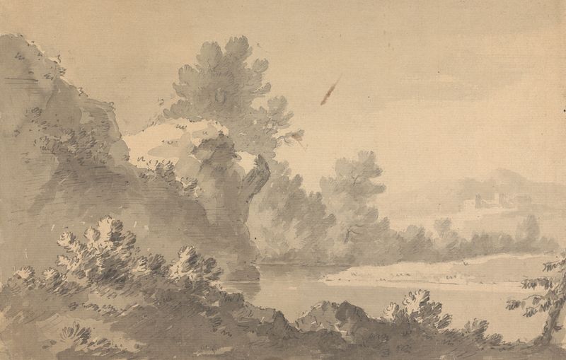 River landscape with a castle in the distance, oil on canvas by William Gilpin