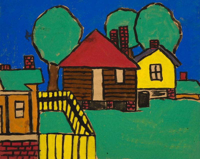 Houses by Joseph Percy Atkins, oil painting depicting muted colors and alleyways