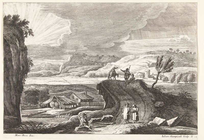 Heuvellandschap met pelgrims op weg en ondergaande zon, etching by Giuliano Giampiccoli