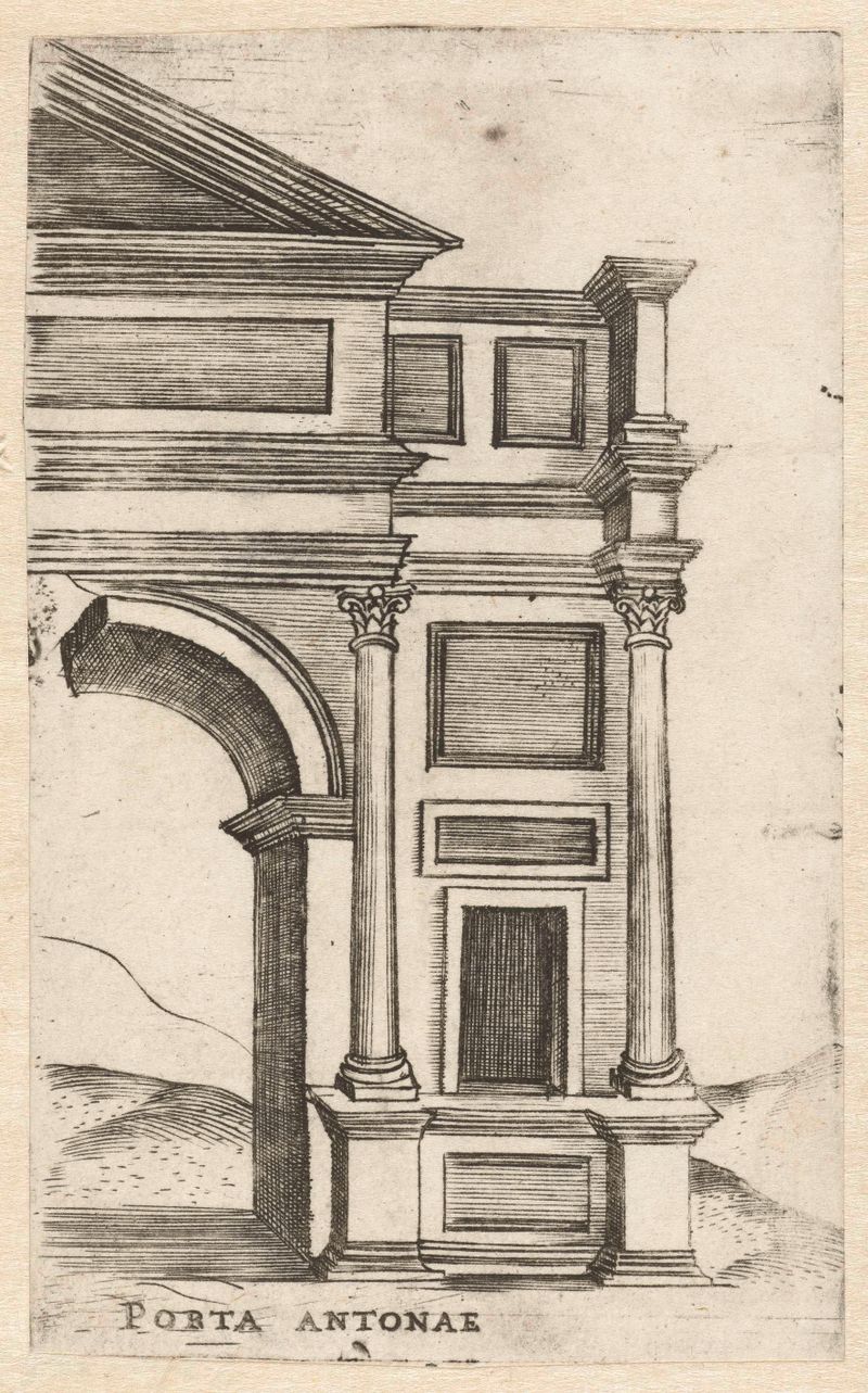 Grabado de un arco triunfal con intrincados tallados de Unknown Artist