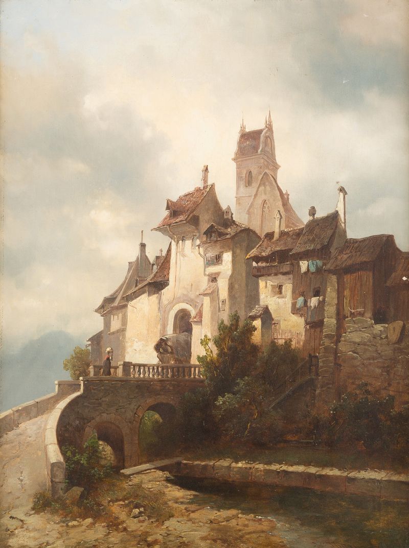 Paisaje de Medieval Town de Adolf Gustav Thamm, óleo sobre lienzo